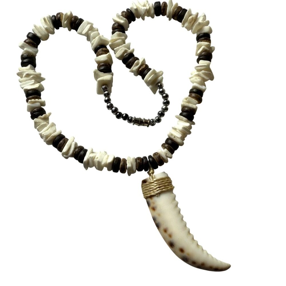 Handmade Beaded Shell Necklace Faux Bone Tooth Pendant & Barrel Clasp